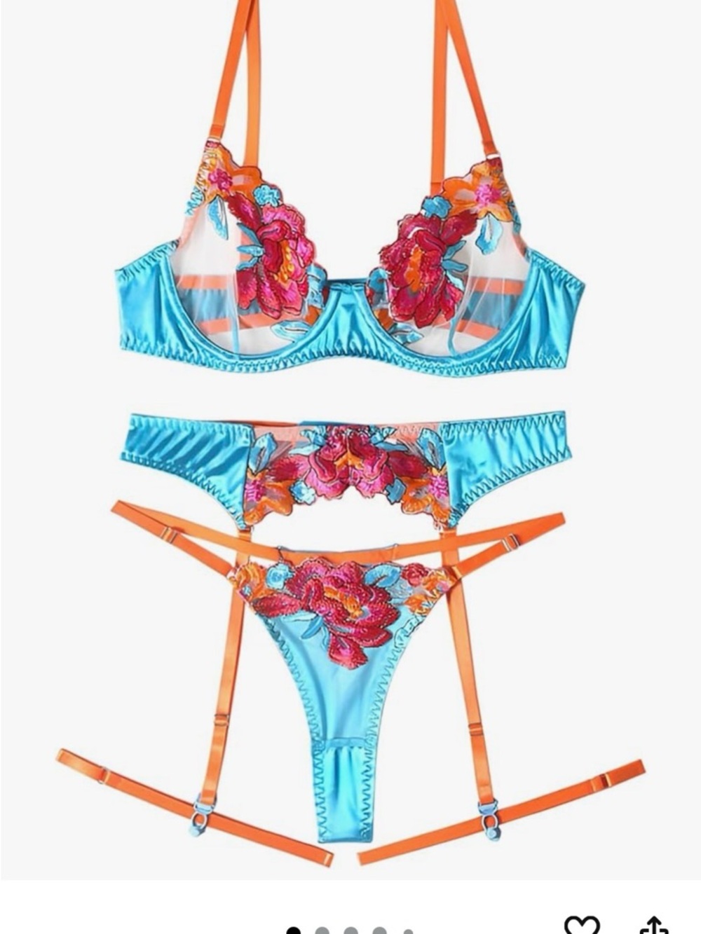 NEVER BEEN WORN- Turquoise & Orange Floral Embroidered Lingerie Set